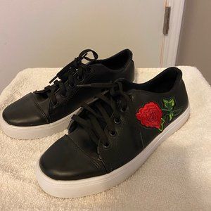 Black Shoes with Red Rose Detail